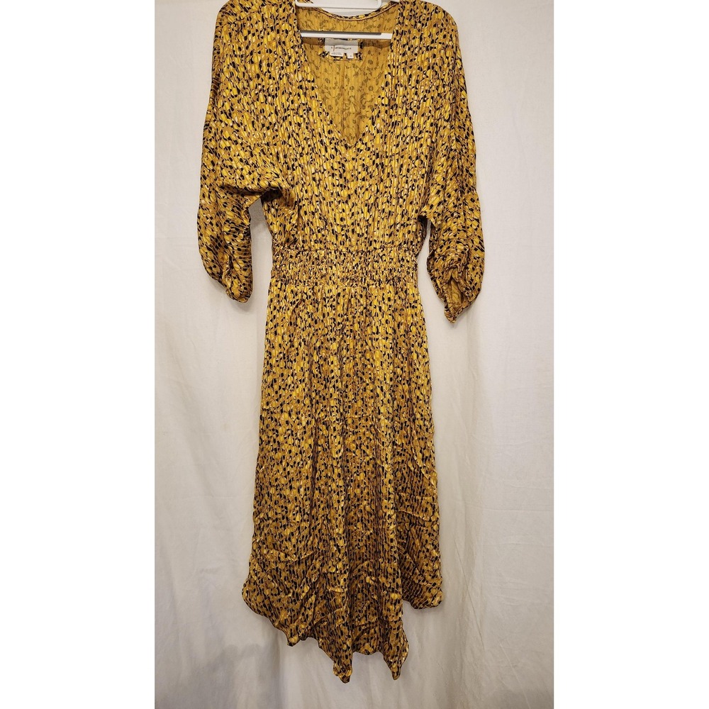 By Anthropologie Dress Womens Medium Yellow V-Neck Smocked Waist Midi Boho